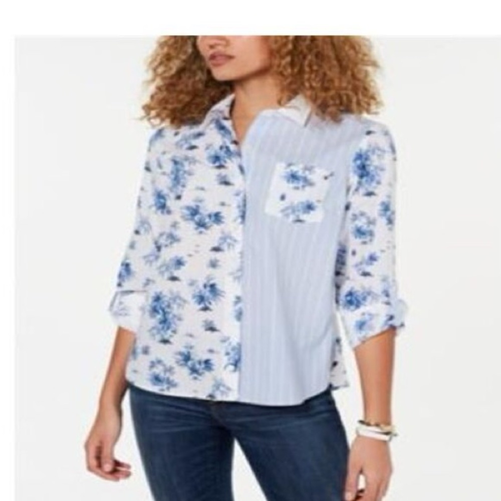 Tommy Hilfiger Women's Double Print Cotton Shirt Blue Size X-Small P